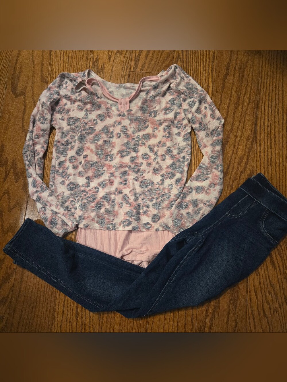 Justice Pink and Gray Leopard-Print Long Sleeve Top with Layered Hem